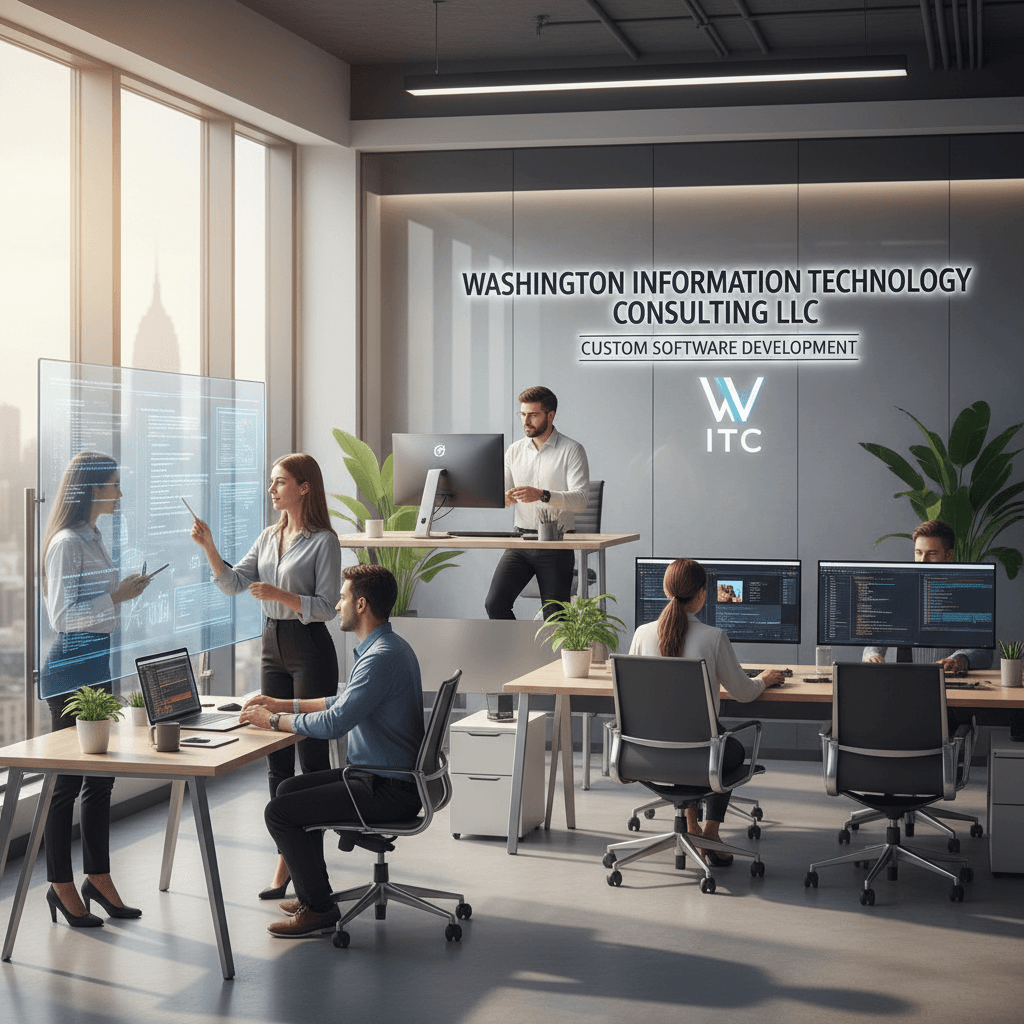 Developers collaborating in a modern office, focused on custom software projects