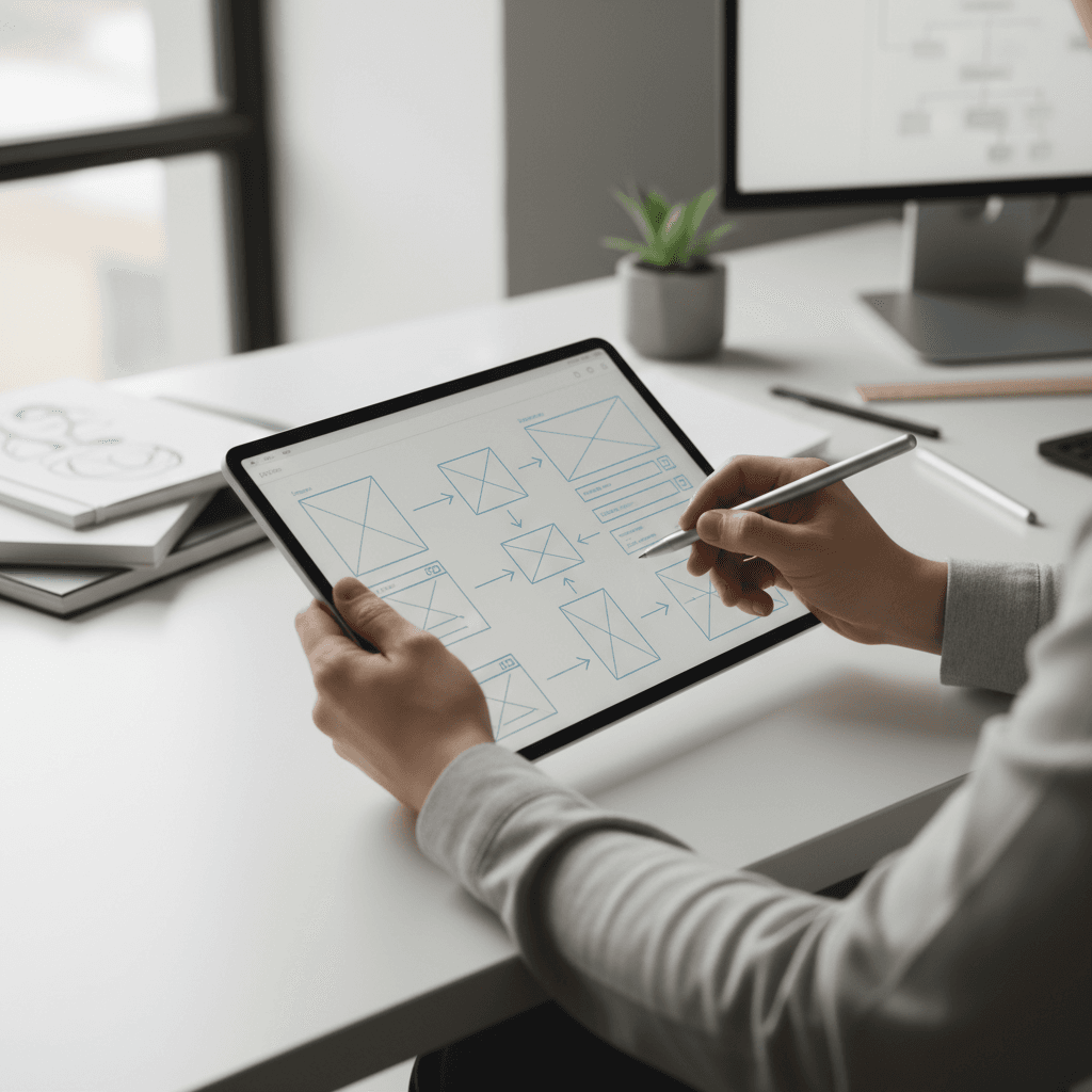 Designer's hands sketching wireframes and user flows on tablet with stylus in bright natural light