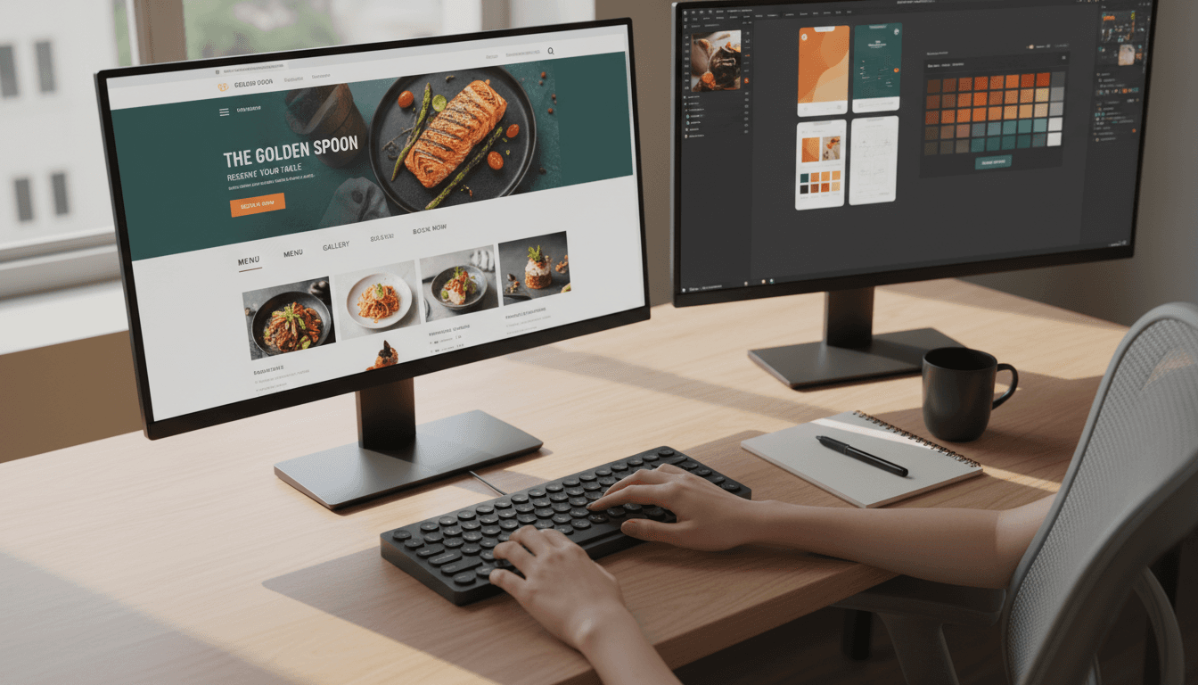 Web designer's hands typing while reviewing a restaurant website layout on dual monitors in natural light